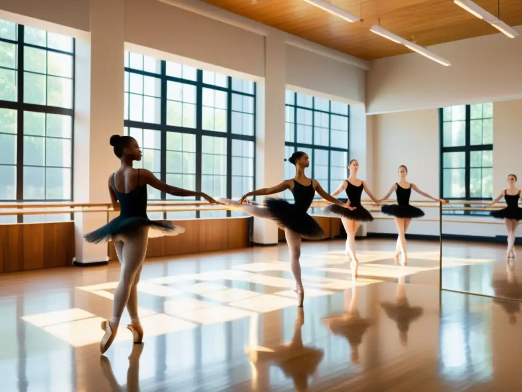 Un estudio de ballet iluminado por la luz natural, con bailarines de diferentes niveles de aprendizaje en danza, mostrando gracia y determinación