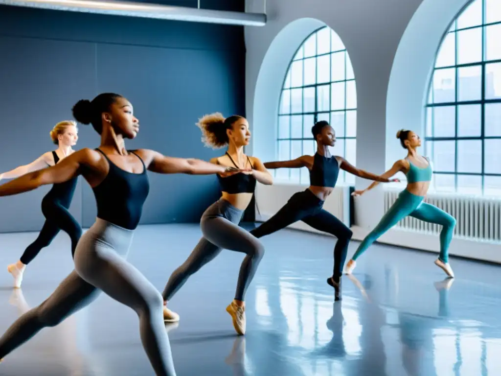 Sincronización y precisión en estudio de danza con bailarines en poses intensas, concentrados en coreografías complejas