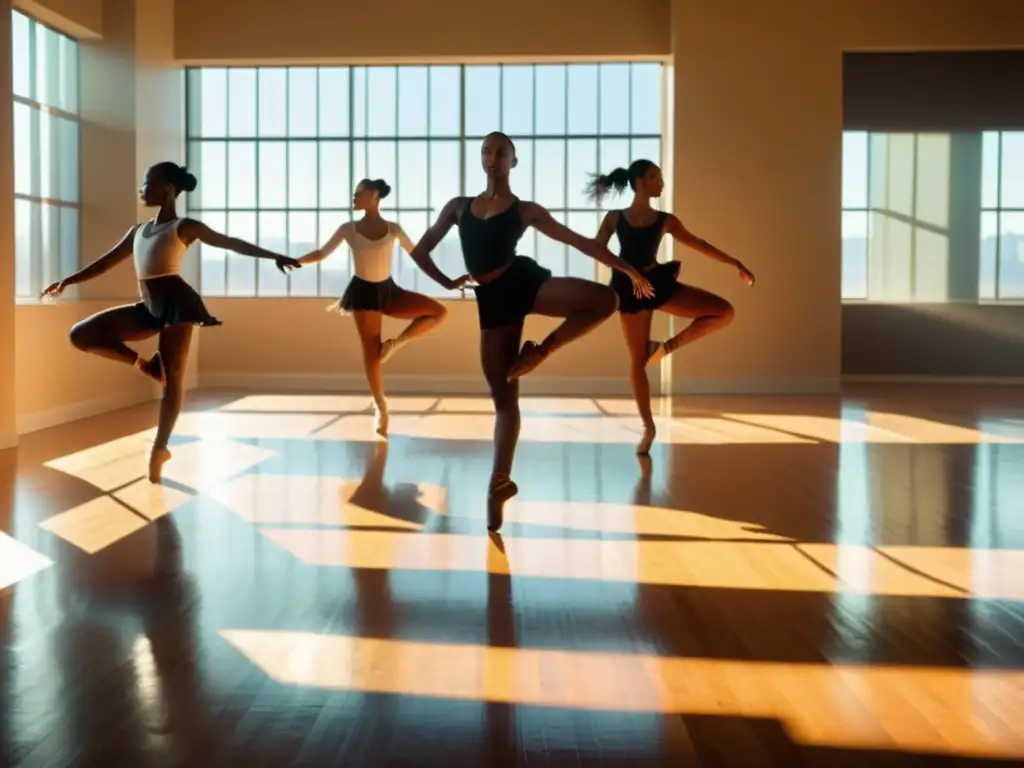 Un estudio de danza espacioso y soleado con bailarines diversos en movimiento, expresando pasión y dedicación