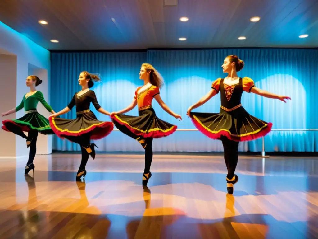 Estudio de danza irlandesa con bailarines en trajes vibrantes, midstep y midtwirl