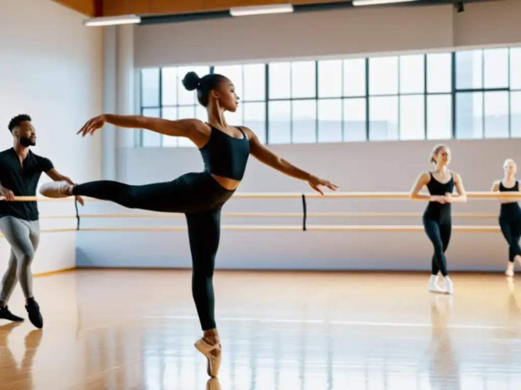 Un estudio de danza luminoso con bailarines de diversos estilos ejecutando movimientos elegantes y enérgicos