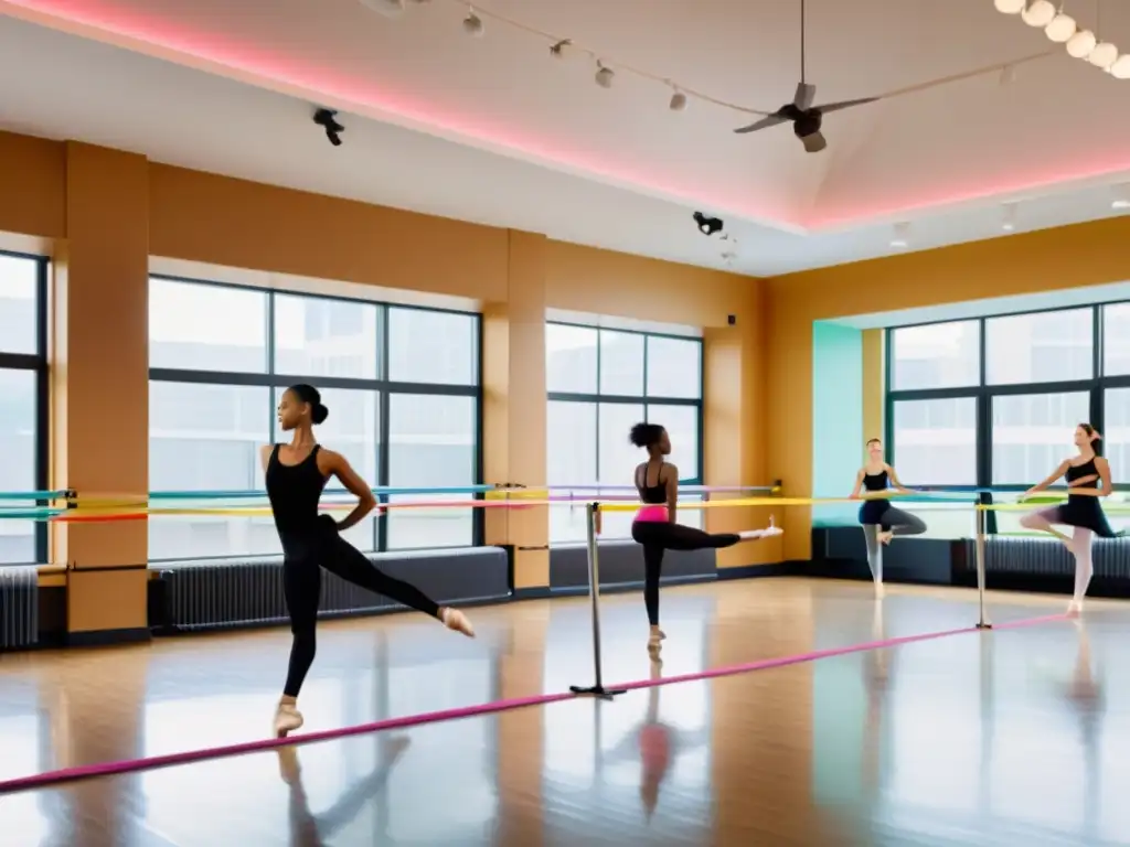 Un estudio de danza tradicional con bailarines usando aplicaciones tecnológicas para mejorar su entrenamiento