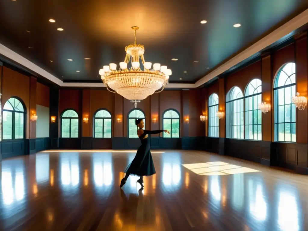 Estudio de danza tradicional con elegantes espejos, suelos de madera pulida y una bailarina en movimiento