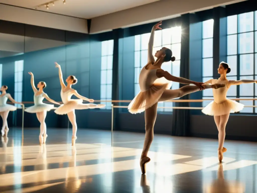 Un estudio espacioso y soleado donde bailarines de ballet practican técnicas de entrenamiento para danzas complejas, reflejando belleza y disciplina