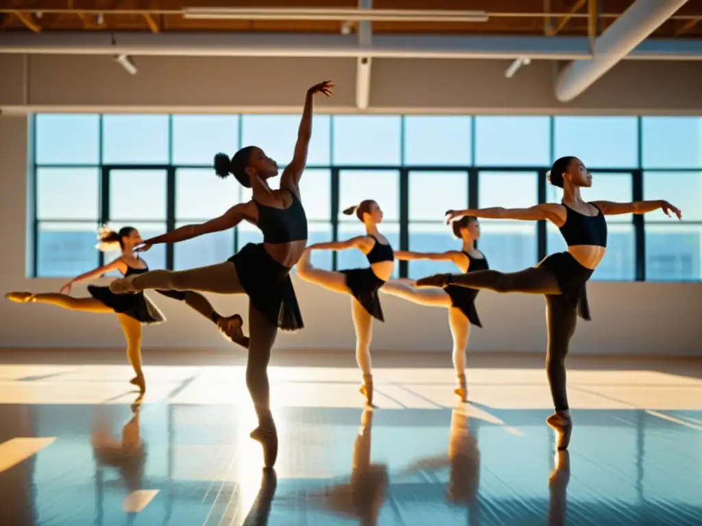 Un estudio espacioso y soleado lleno de jóvenes bailarines en movimiento, con trajes vibrantes y fondo industrial