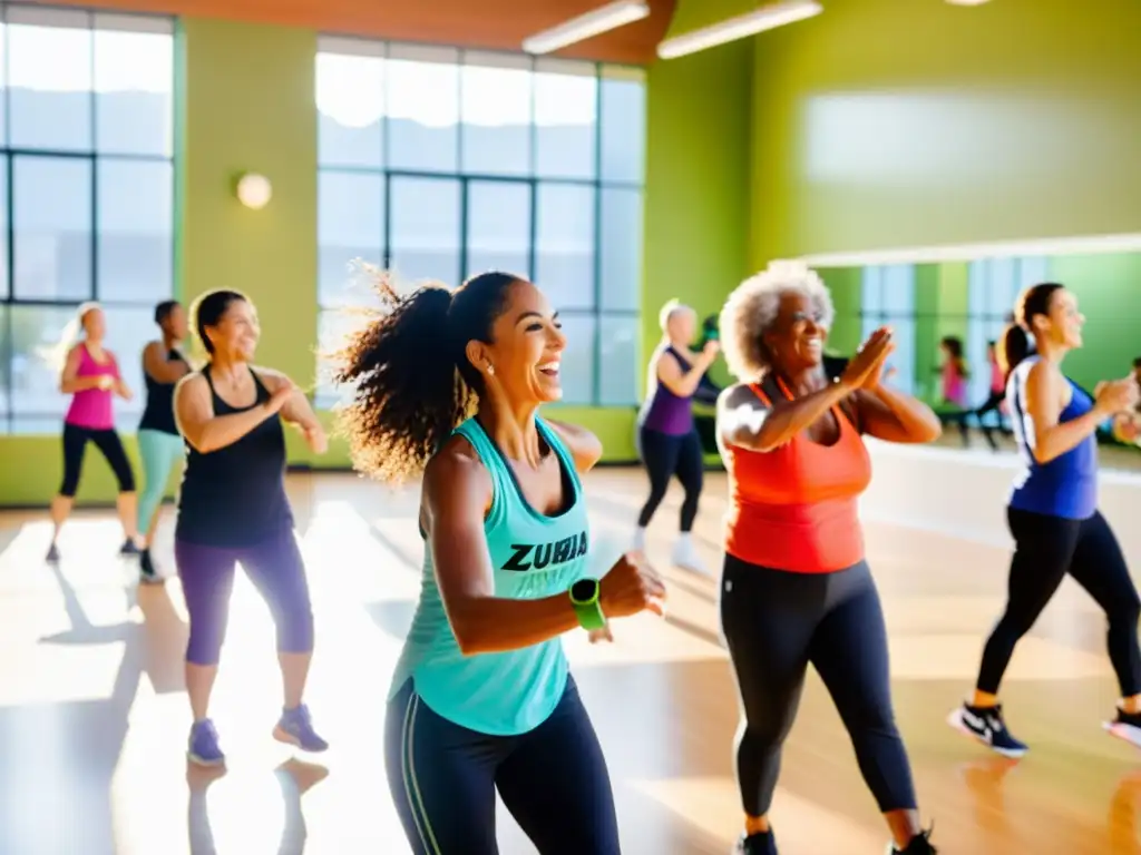 El estudio luminoso rebosa energía mientras personas de distintas edades y orígenes disfrutan de una clase de Zumba