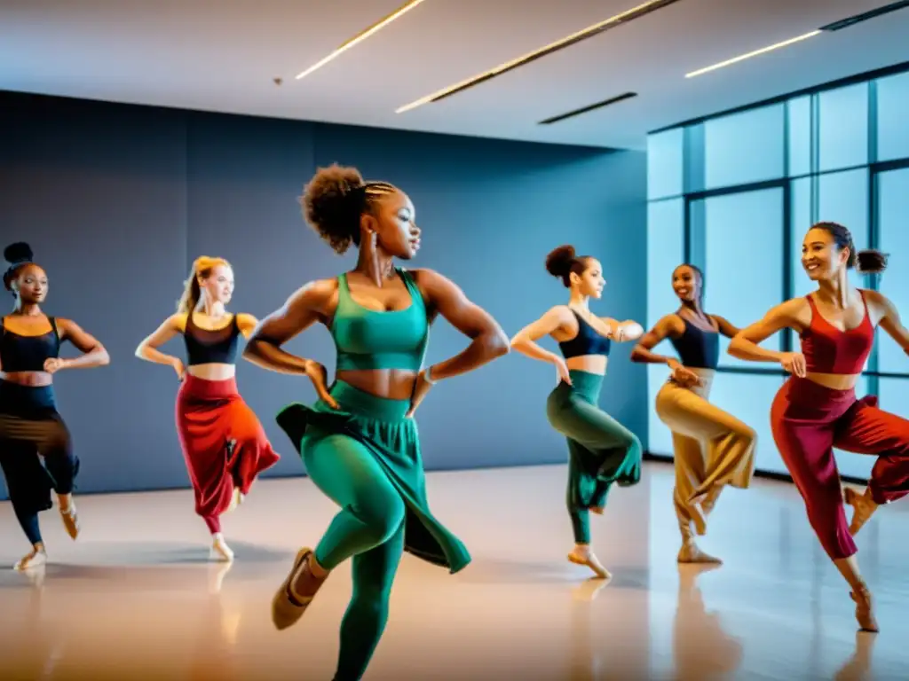 Un estudio moderno lleno de bailarines de diferentes culturas practicando movimientos de danza tradicional con pasión, utilizando software especializado en danzas del mundo