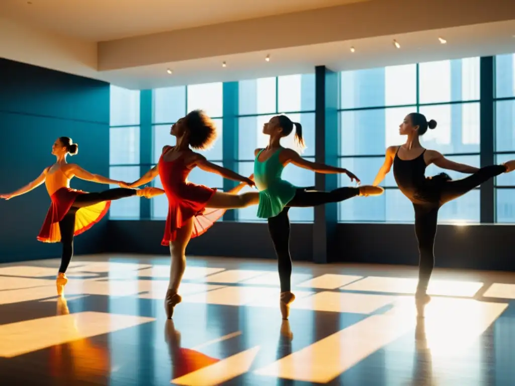 Un estudio soleado y espacioso donde bailarines profesionales ejecutan técnicas de entrenamiento para danzas complejas