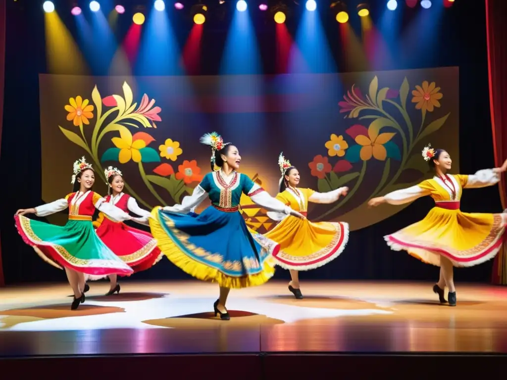 'Evento interactivo de danzas tradicionales: Bailarines vibrantes en trajes folclóricos realizan una danza apasionada en un escenario colorido