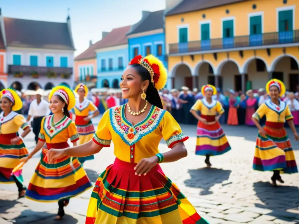 Evento interactivo de danzas tradicionales en una plaza animada, con bailarines coloridos y una multitud cautivada