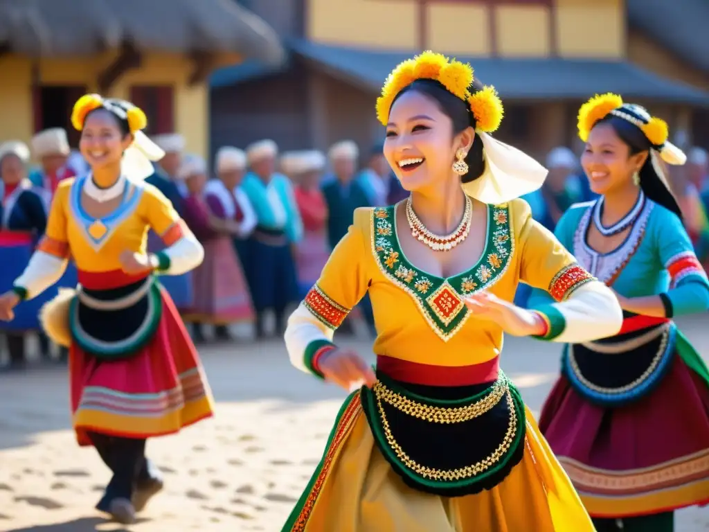 Eventos interactivos de danzas tradicionales: Coloridos bailarines folclóricos en una plaza soleada, con espectadores aplaudiendo y sonriendo