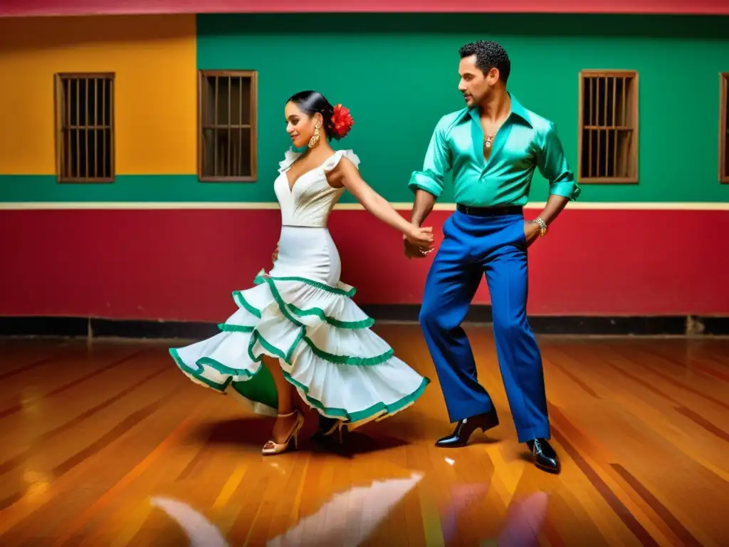 Una evocadora imagen documental de una vibrante pista de baile de salsa, con bailarines luciendo trajes cubanos tradicionales de diferentes épocas