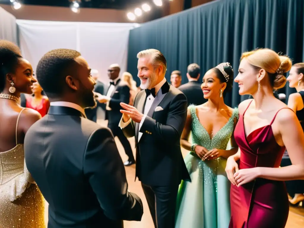 Un exclusivo grupo de invitados VIP conversa con un afamado coreógrafo en un bullicioso backstage lleno de trajes de colores vibrantes y bailarines