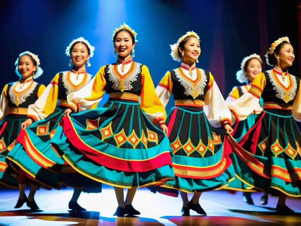 Experiencias inmersivas danzas tradicionales: Grupo de bailarines folclóricos en vibrantes trajes, expresando pasión y gracia en escenario iluminado