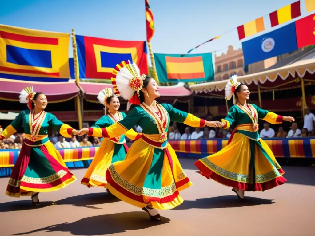 Experiencias inmersivas danzas tradicionales: Grupo de bailarines tradicionales en coloridos trajes, ejecutando una rutina sincronizada en un escenario soleado con un mercado bullicioso de fondo y banderas coloridas ondeando al viento