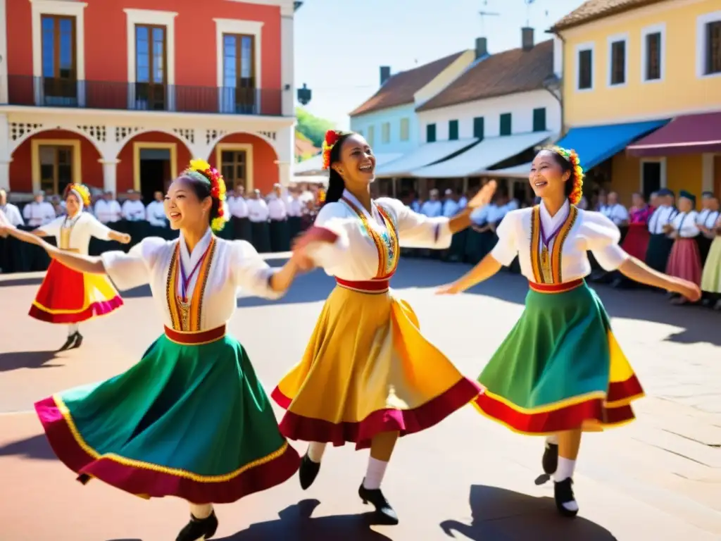 Experiencias inmersivas danzas tradicionales: Baile folclórico alegre y colorido en la plaza del pueblo, con espectadores aplaudiendo