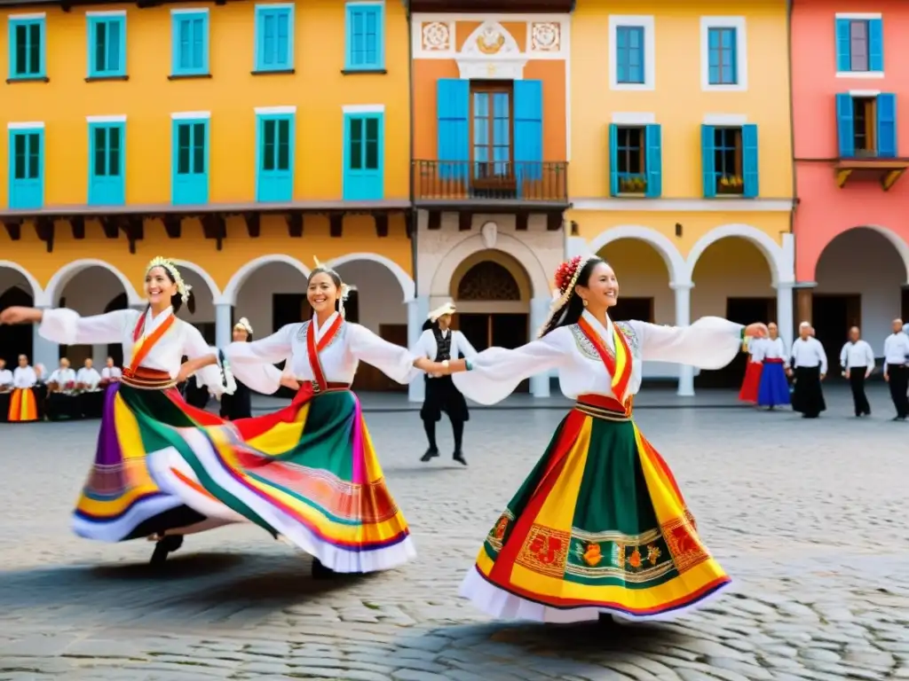 Experiencias inmersivas danzas tradicionales: Grupo de bailarines folclóricos en coloridos trajes, bailando en una plaza histórica