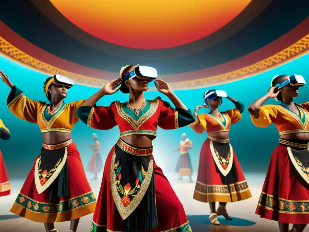 Experiencias inmersivas danzas tradicionales: Energía vibrante de bailarines en trajes ornamentados, rodeados de elementos digitales en realidad virtual