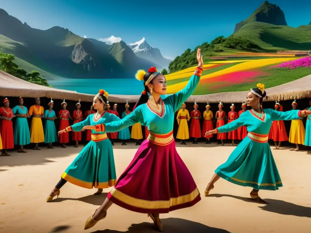 Experiencias inmersivas danzas tradicionales: Fotografía de danza tradicional en entorno de realidad virtual, con movimientos vibrantes y energéticos