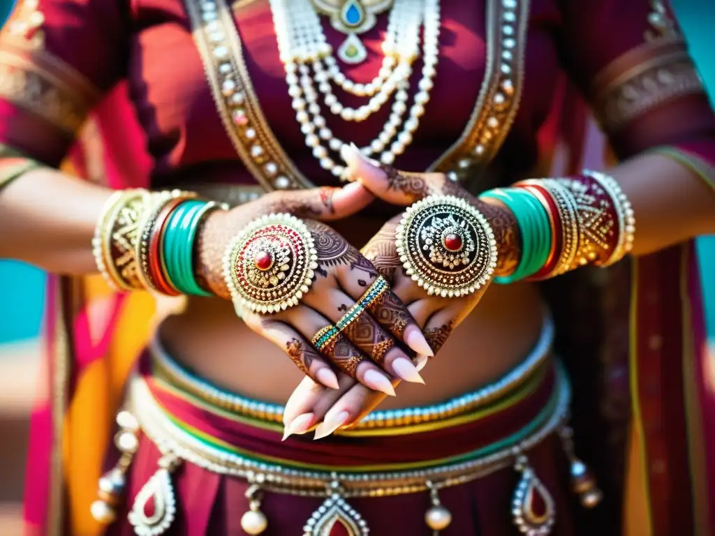 Las expertas manos de una bailarina clásica india forman mudras con henna y joyas, capturando el significado cultural de los gestos mudra en la danza