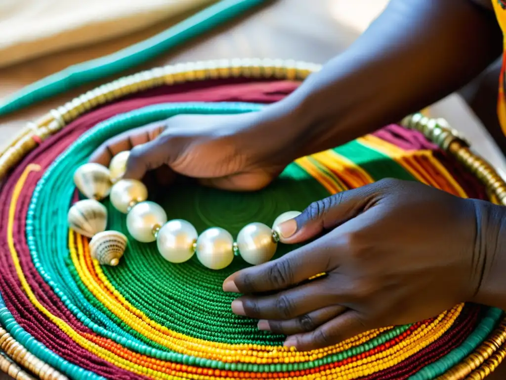 Un experto artesano africano teje con destreza materiales orgánicos para crear joyería africana, resaltando la belleza y la artesanía