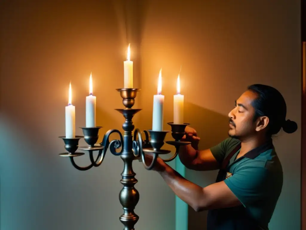 Un experto artesano instala un candelabro tradicional en un estudio de danza, mostrando el significado cultural de las danzas