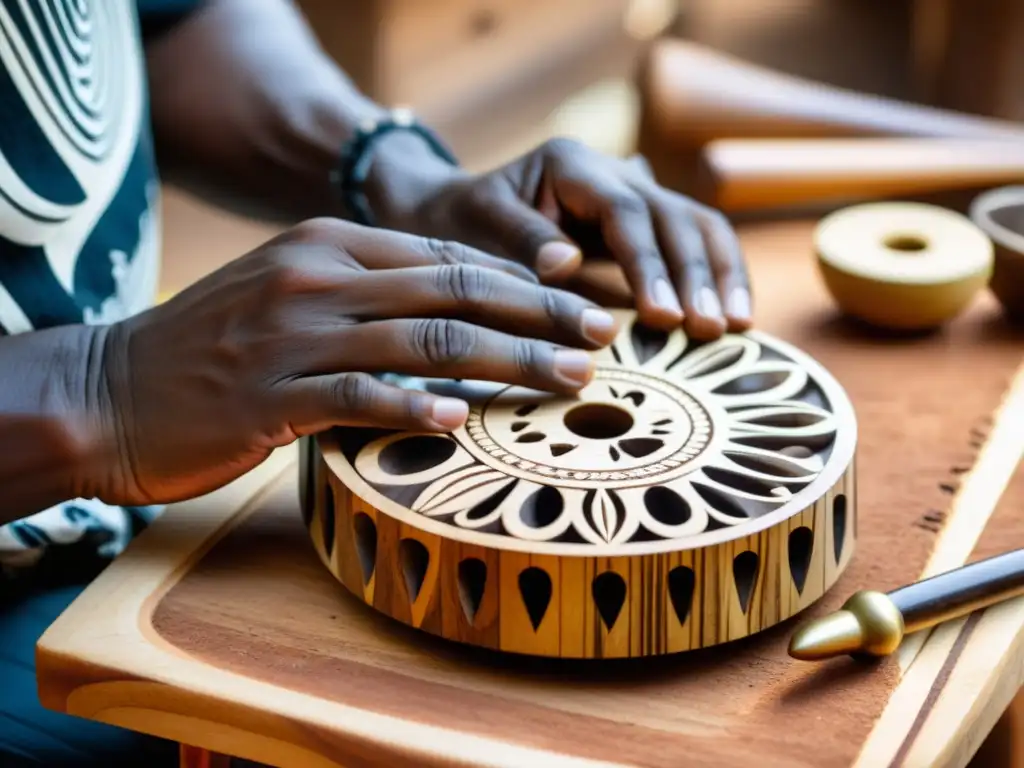 Un experto artesano talla con destreza la madera para crear un kalimba africano