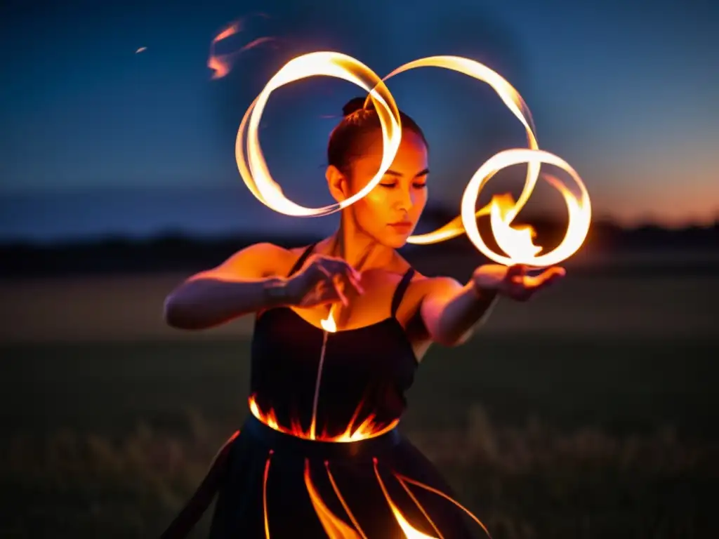 Un experto en danza del fuego técnica poi maorí crea hipnóticos patrones de luz en la oscuridad