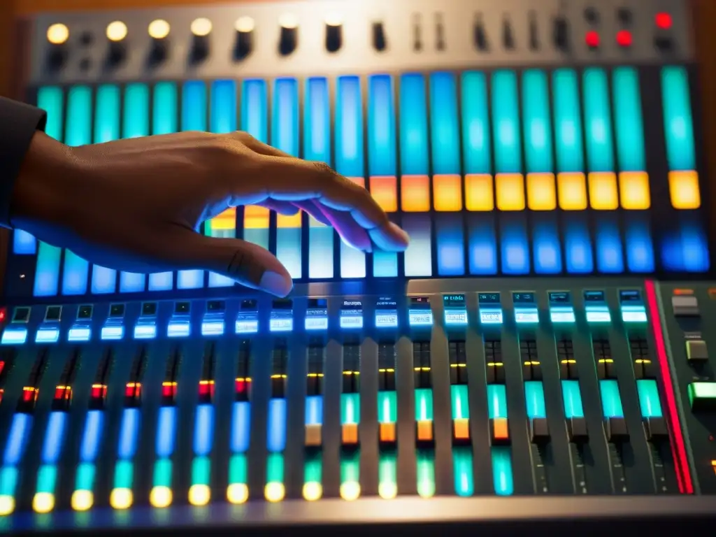 Un experto en música ajusta niveles en una mesa de sonido en un estudio, rodeado de instrumentos y equipos de grabación