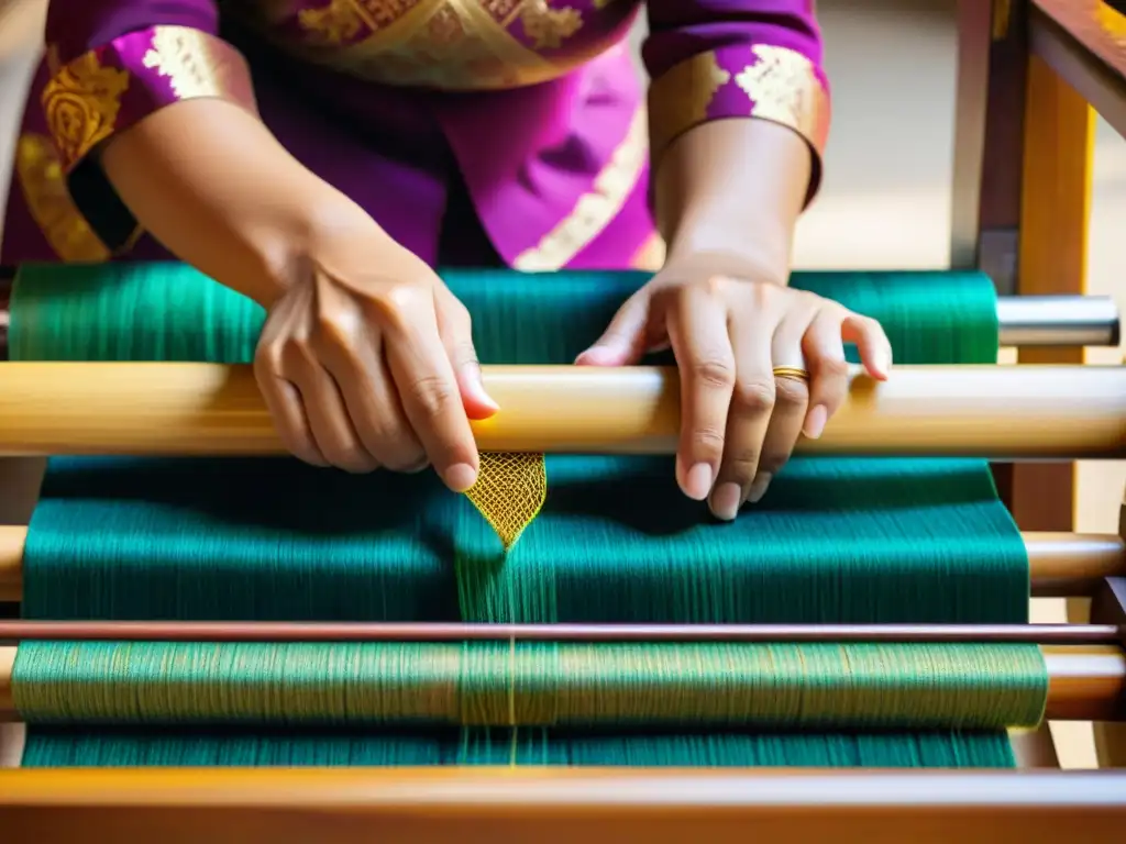 Un experto tejedor crea un intrincado patrón en un telar de madera, resaltando la artesanía de los tejidos tradicionales en la danza