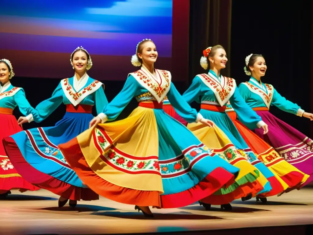 Expertos bailarines rusos en vibrantes trajes folklóricos realizan una danza sincronizada en un escenario tradicional