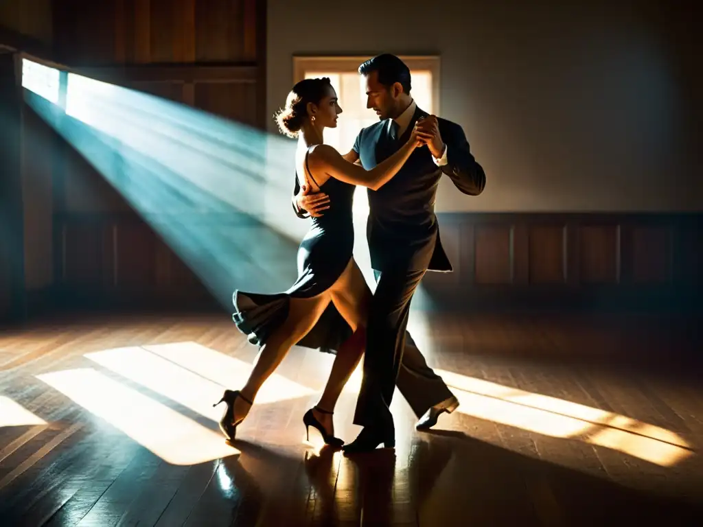 Expertos bailarines de tango practican en un estudio, capturados en elegantes movimientos mientras las sombras bailan en el suelo de madera