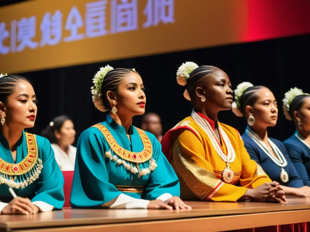 Expertos evaluando danzas tradicionales, vestimenta colorida y expresiones atentas