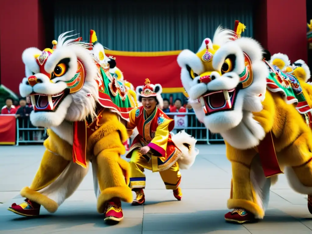 Expertos en trajes coloridos de danza del león chino realizan movimientos poderosos en un festival vibrante