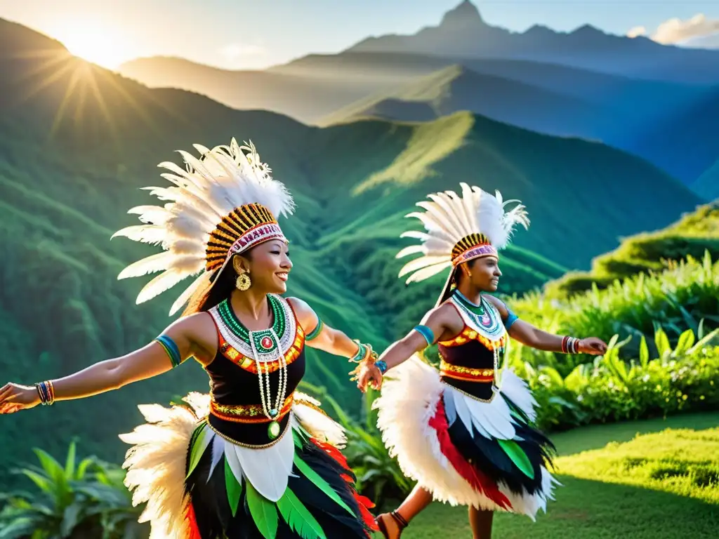 Exploración de danzas tradicionales de todo el mundo: bailarines con trajes vibrantes en movimiento, con montañas verdes al fondo