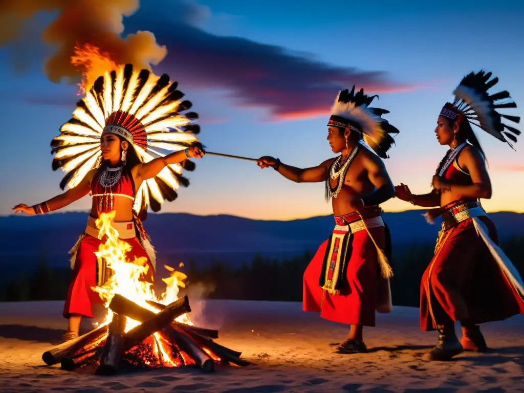 Exploración de danzas tradicionales del mundo: Indígenas danzando alrededor de fogata en atuendos vibrantes, bajo cielo multicolor