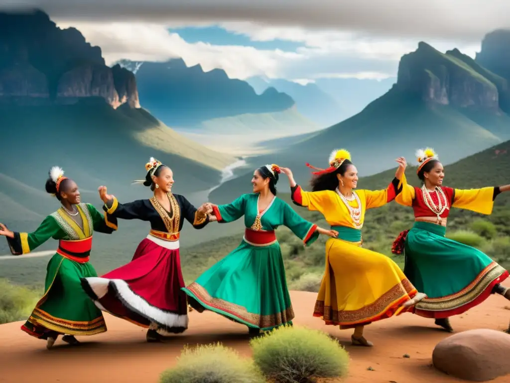 Exploración danzas tradicionales mundo: Bailarines de diferentes culturas en trajes vibrantes, danzando en paisajes diversos, transmitiendo unidad y diversidad cultural