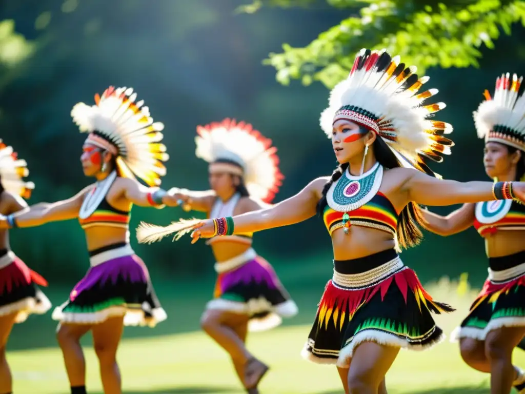 Exploración de danzas tradicionales en el mundo: Grupo de bailarines indígenas en trajes coloridos realizando una danza ceremonial en un claro soleado rodeado de exuberante vegetación