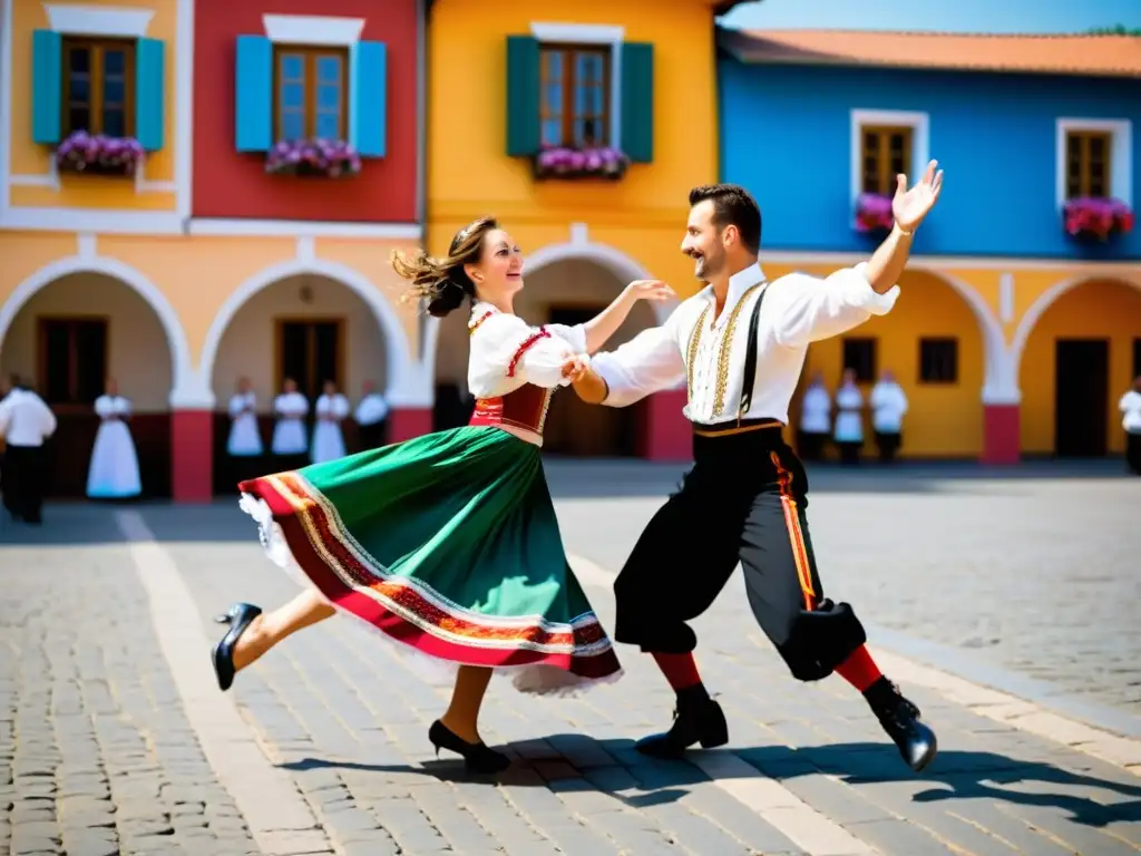 Explosión de alegría en la plaza: pareja bailando la tradicional danza húngara Czardas entre edificios coloridos, músicos y espectadores animados