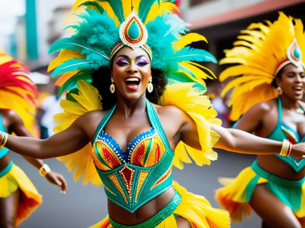 Explosión de color y energía en el Carnaval de Río, reflejando el significado cultural del evento con samba y trajes llamativos