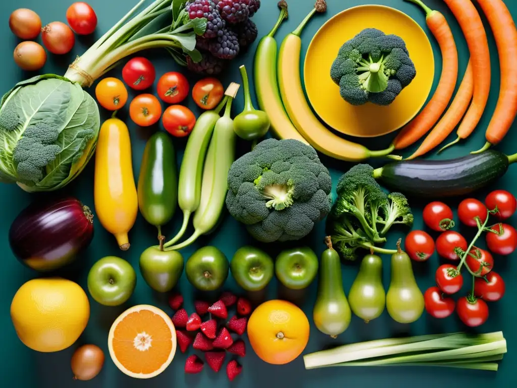 Una explosión de frutas y verduras vibrantes en un patrón dinámico que evoca movimiento