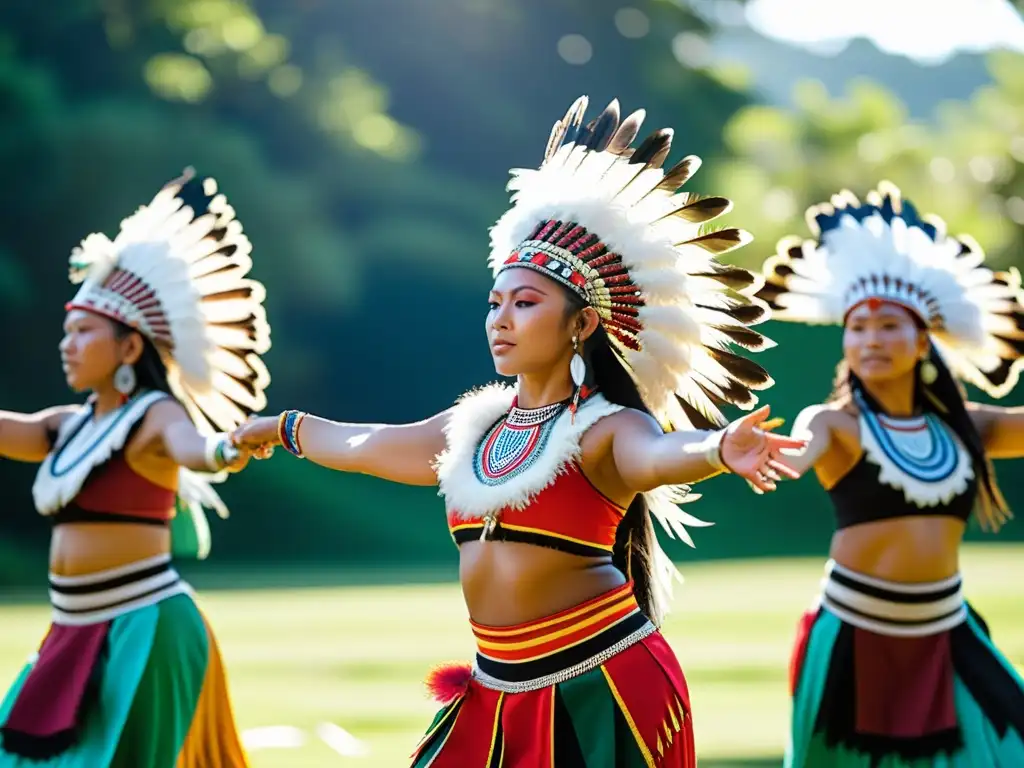 Expresión cultural a través del baile: Danza ceremonial de indígenas en atuendos tradicionales y tocados de plumas, en un claro soleado rodeado de exuberante vegetación