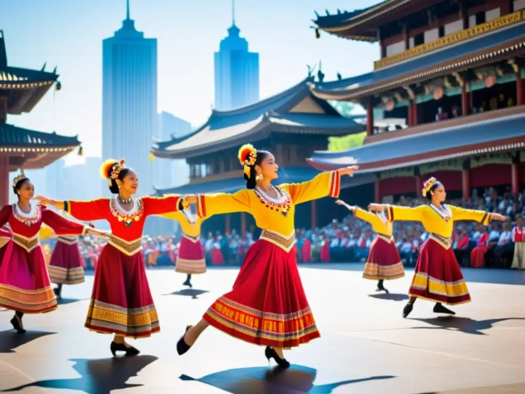 Expresión cultural a través del baile: Grupo de bailarines tradicionales con trajes vibrantes actuando en una bulliciosa plaza de la ciudad