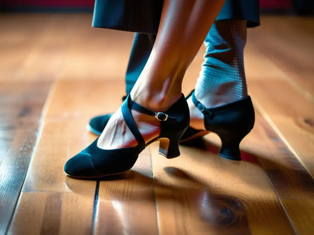 Expresión intensa y elegante del tango argentino: detalle de pies ejecutando un paso preciso y apasionado en una tradicional danza tango