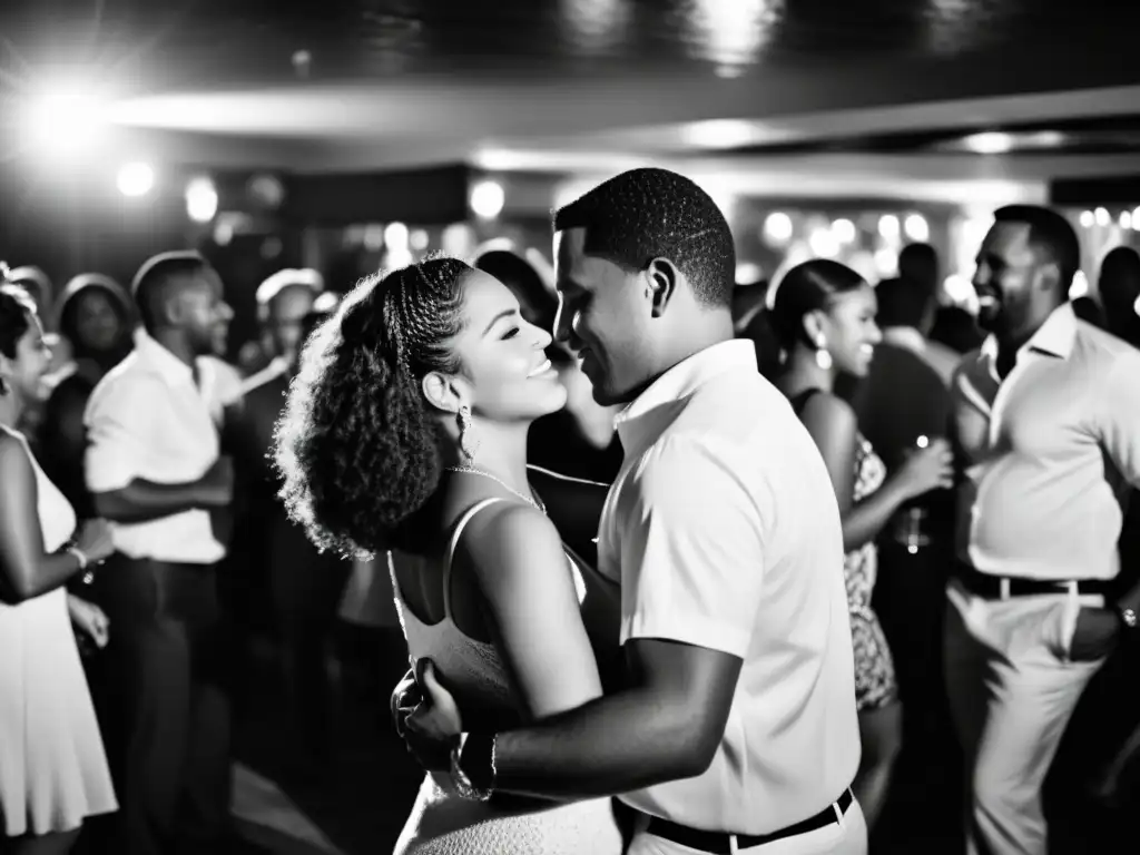 Expresiones apasionadas en una pista de baile llena, bailando bachata en un club dominicano, con música en vivo