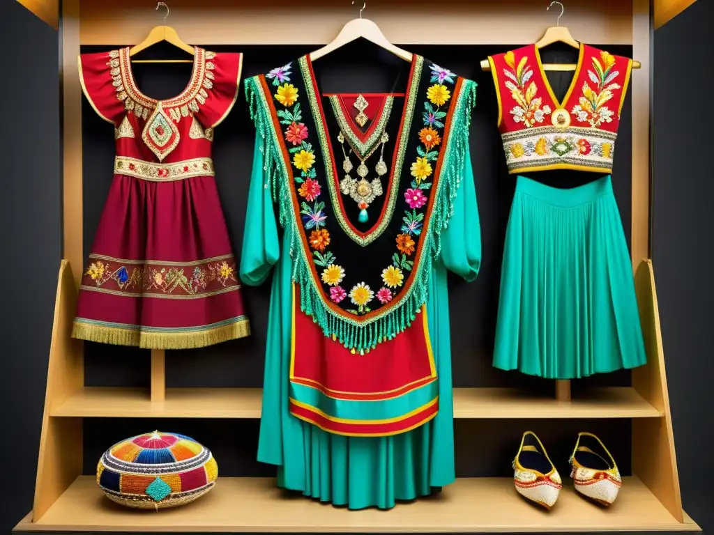 Una exquisita colección de ropa de danza tradicional, que muestra la diversidad cultural y artística de trajes y accesorios vibrantes de todo el mundo