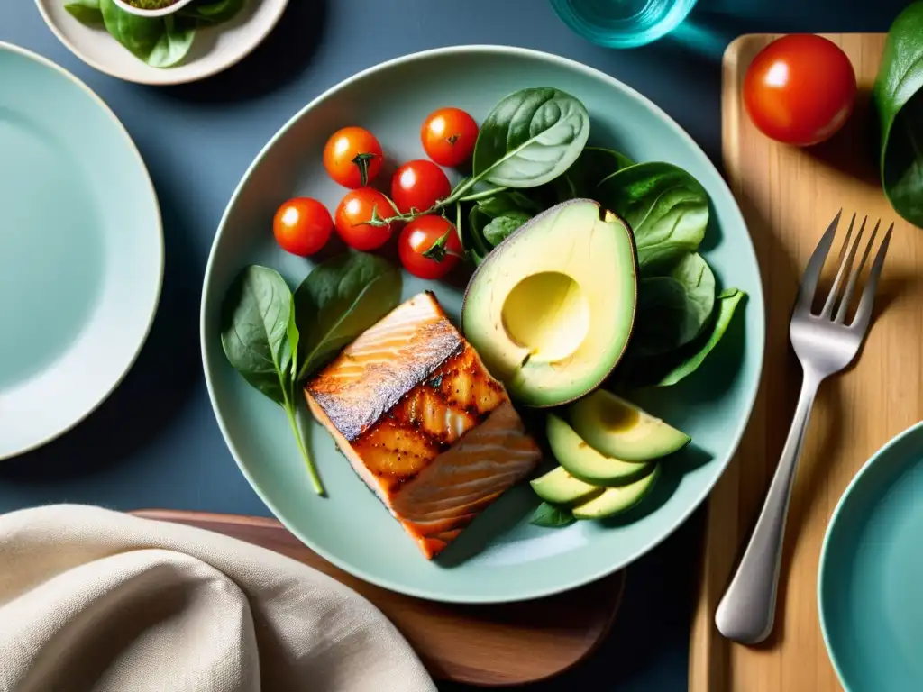 Una exquisita comida keto con aguacate, salmón a la parrilla, verduras y tomates, evocando los beneficios de diferentes dietas para bailarines