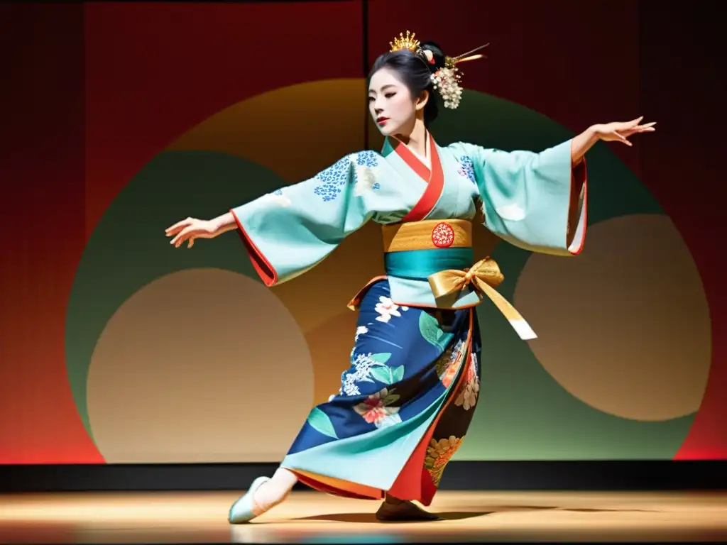 Exquisita danza Nihon Buyo Japonés significado cultural capturado en un vibrante escenario, con un bailarín elegante y un kimono detallado