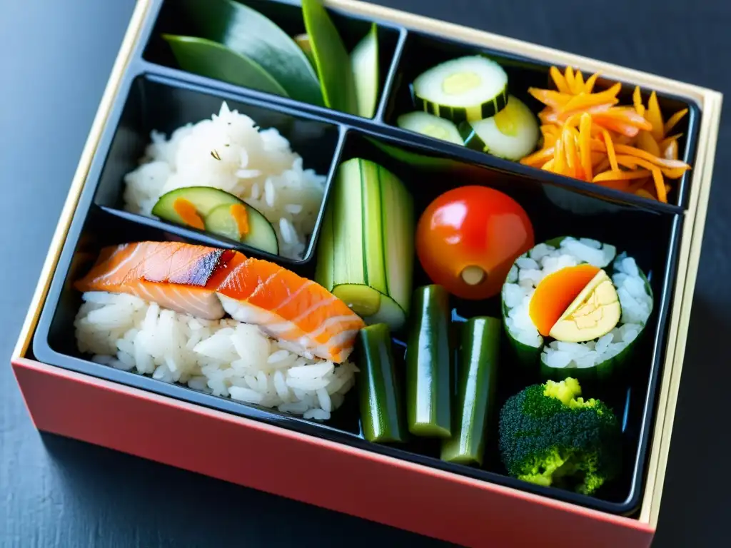 Una exquisita y detallada imagen de un bento japonés tradicional, preparado con precisión para la alimentación de bailarines internacionales