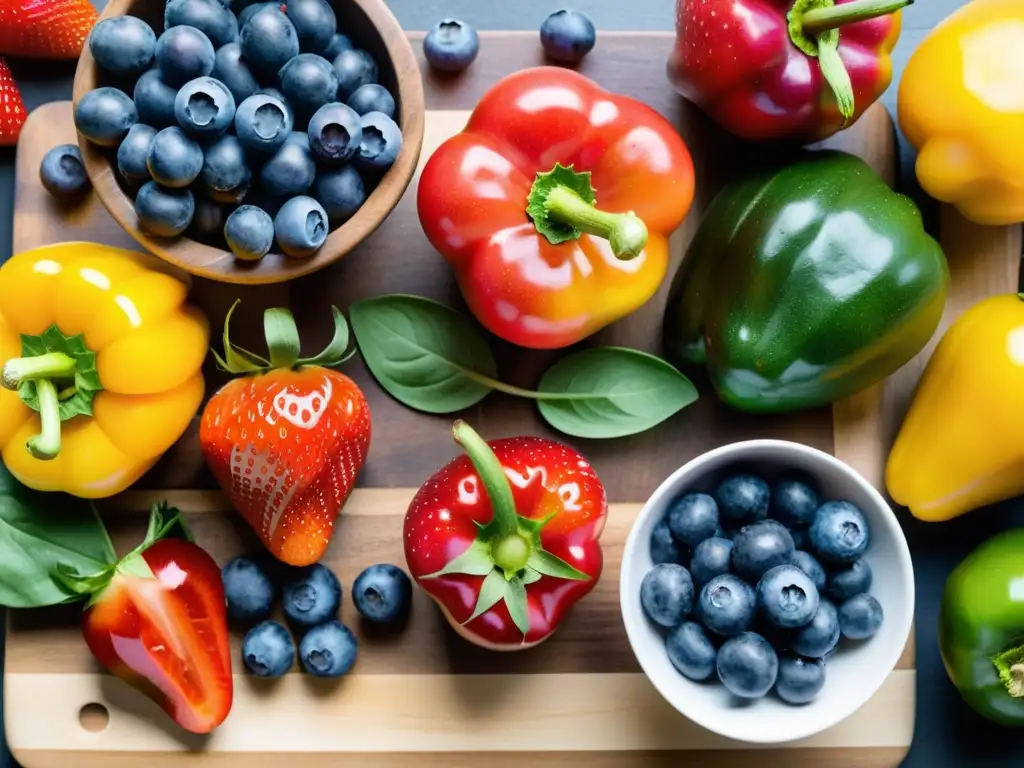 Una exquisita variedad de alimentos para controlar ansiedad escénica, con colores vibrantes y frescura en cada detalle